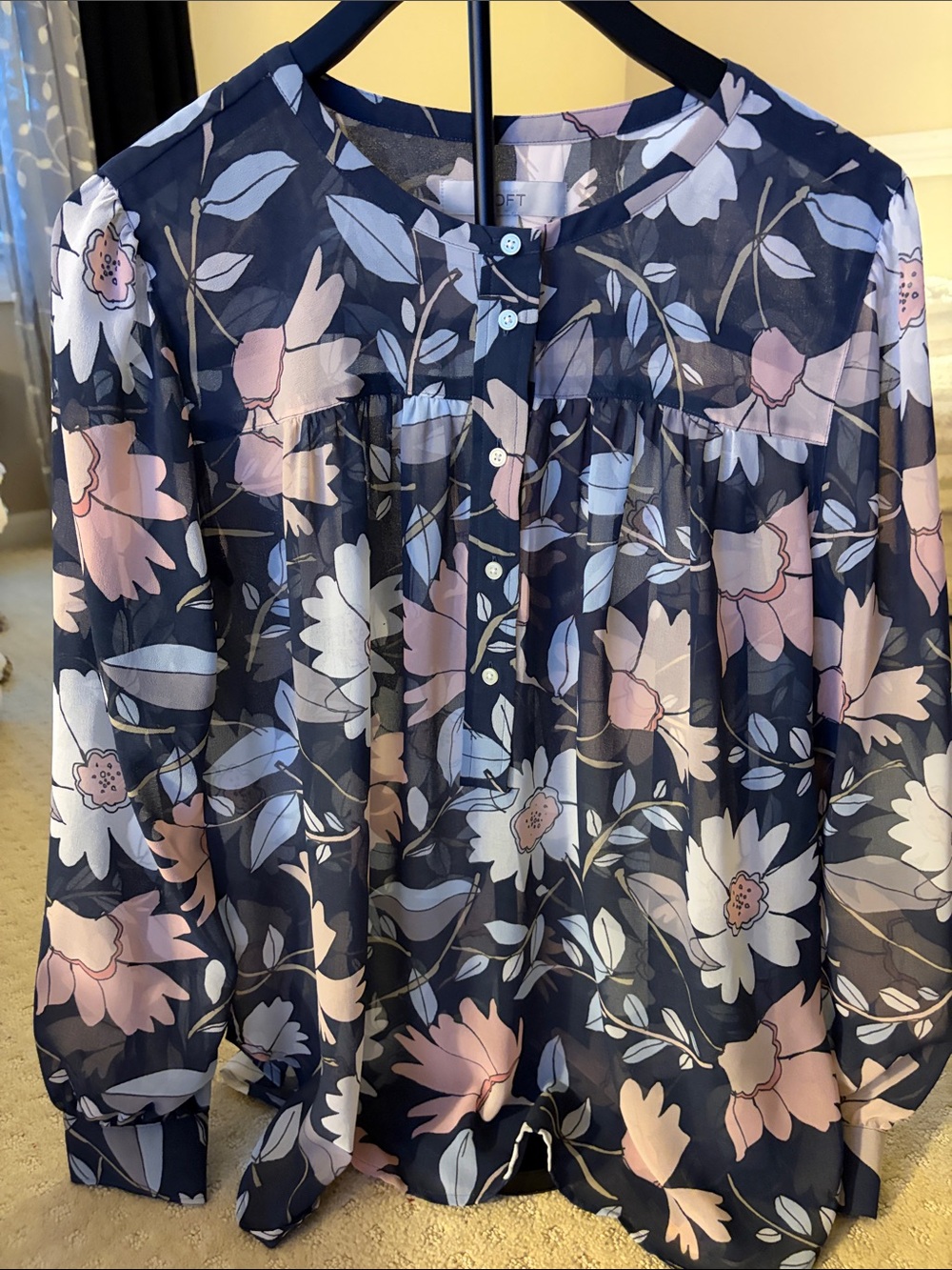 LOFT Navy Floral Button-Front Sheer Blouse - Pink & Light Blue Flowers
